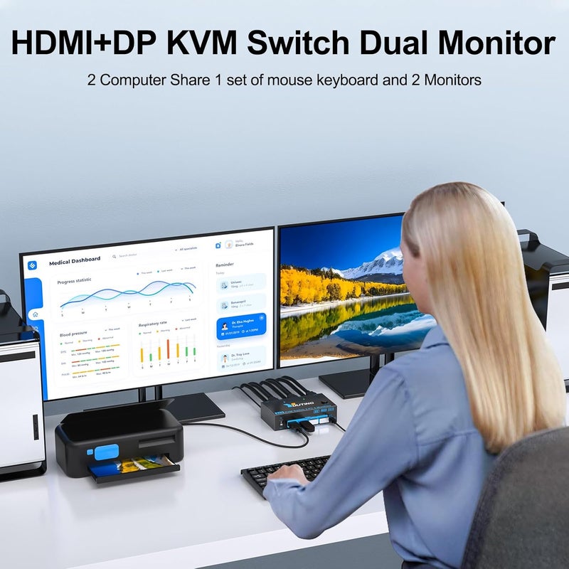 KCEVE 8K KVM Switch 2 Monitors 2 Computers HDMI DP, USB 3.0 KVM Switch Dual Monitor 4K@144Hz 8K@60Hz for 2 Computer Share Keyboard Mouse, with Power Adapter and Wired Remote - Image 2
